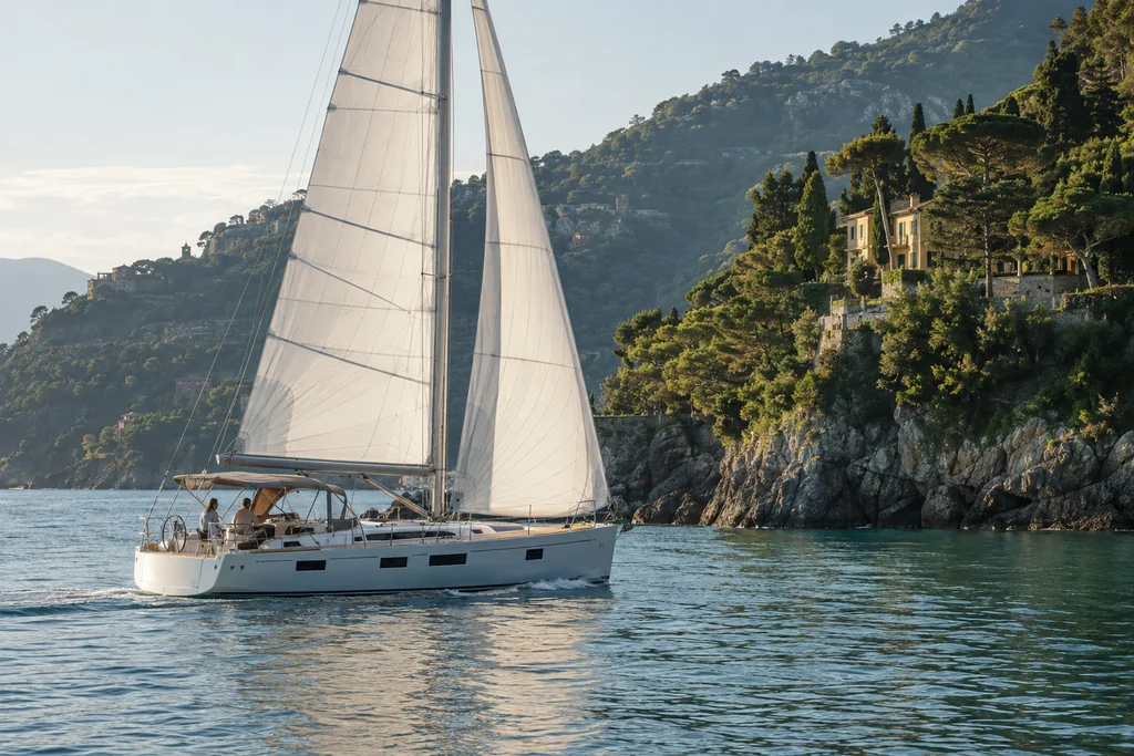 An unbranded sailing yacht offshore along the wooded Ligurian coast, soft green reflections and correctly tensioned sailcloth