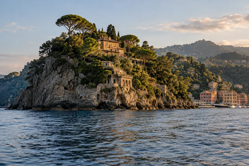 Portofino promontory at late afternoon from open water, rocky headland and pines with soft terracotta light