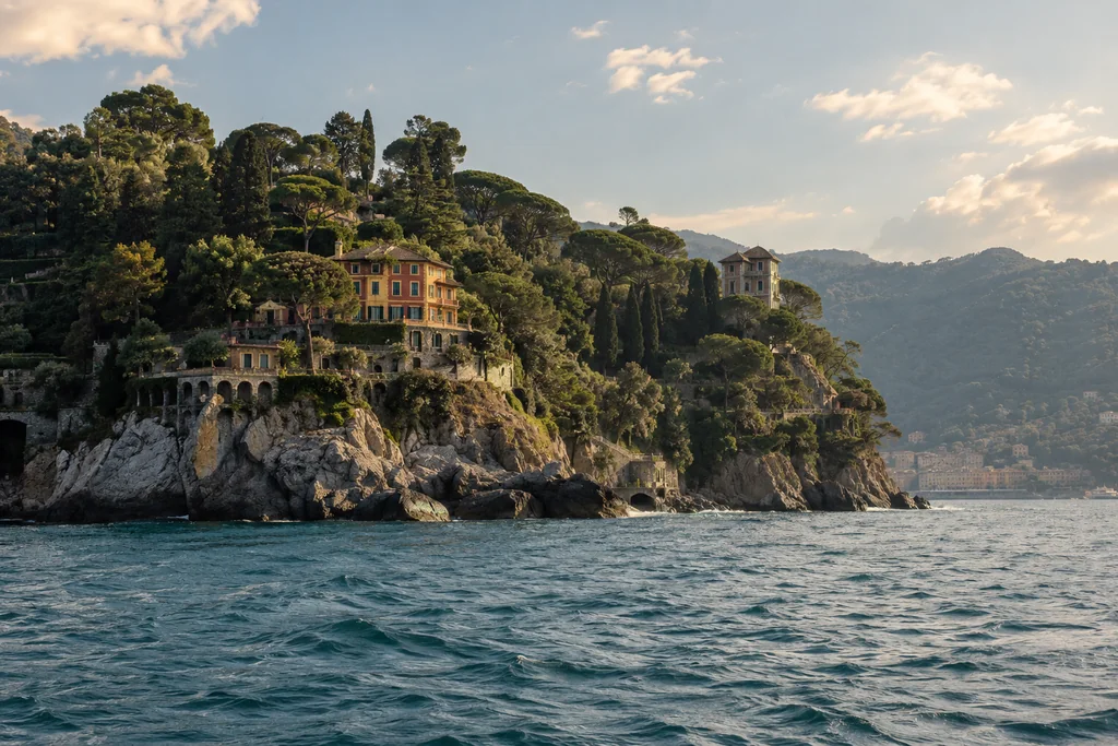 The promontory from the water seen from open water near Portofino