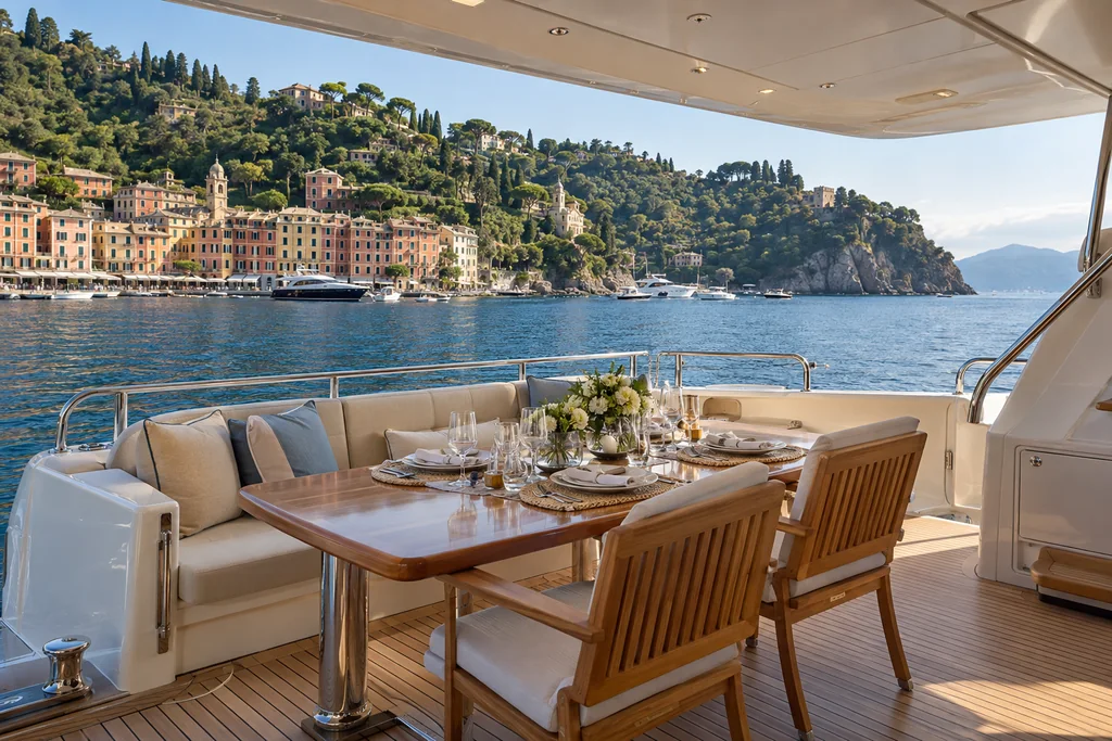 Shaded yacht dining deck overlooking the Portofino coast