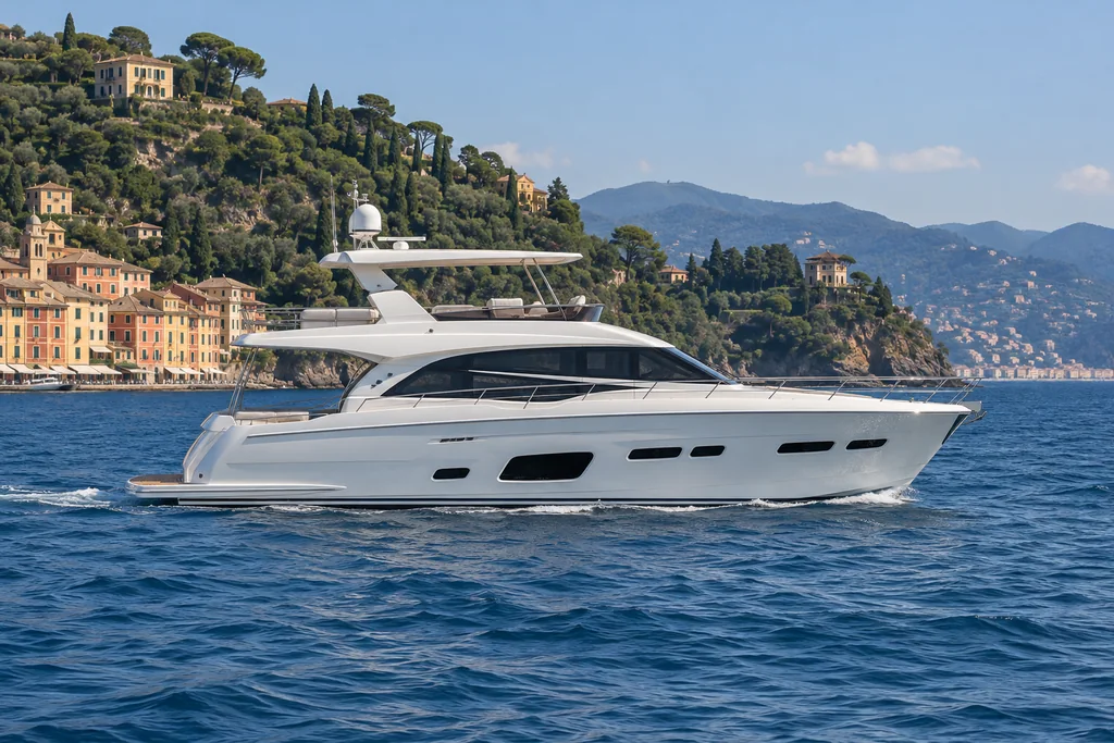 Motor yacht viewed from the water near Portofino