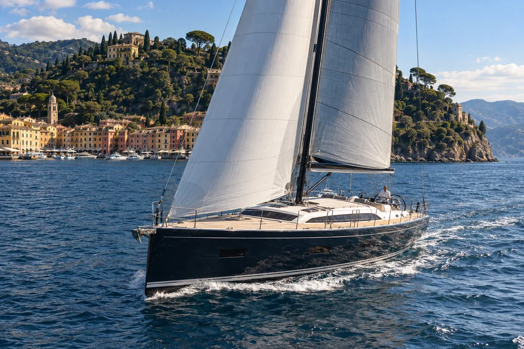 Sailing yacht under sail near Portofino