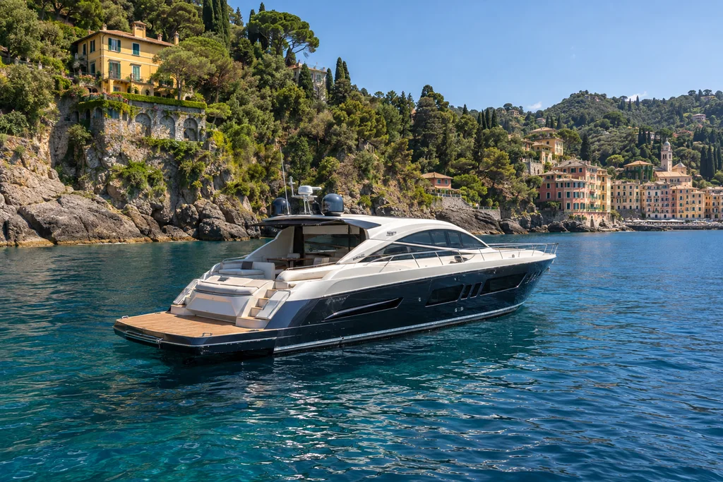 Motor yacht in a sheltered bay near Portofino