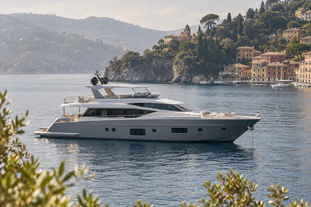 Yacht con flybridge all’ancora vicino a Portofino