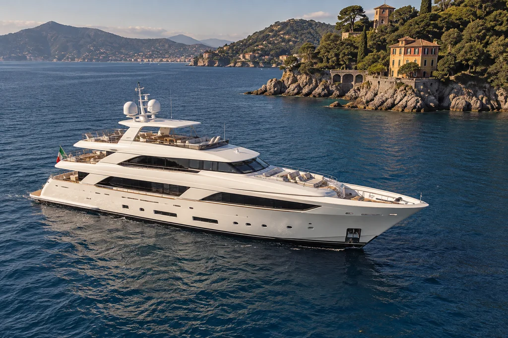 Grande yacht su più ponti davanti alla costa di Portofino