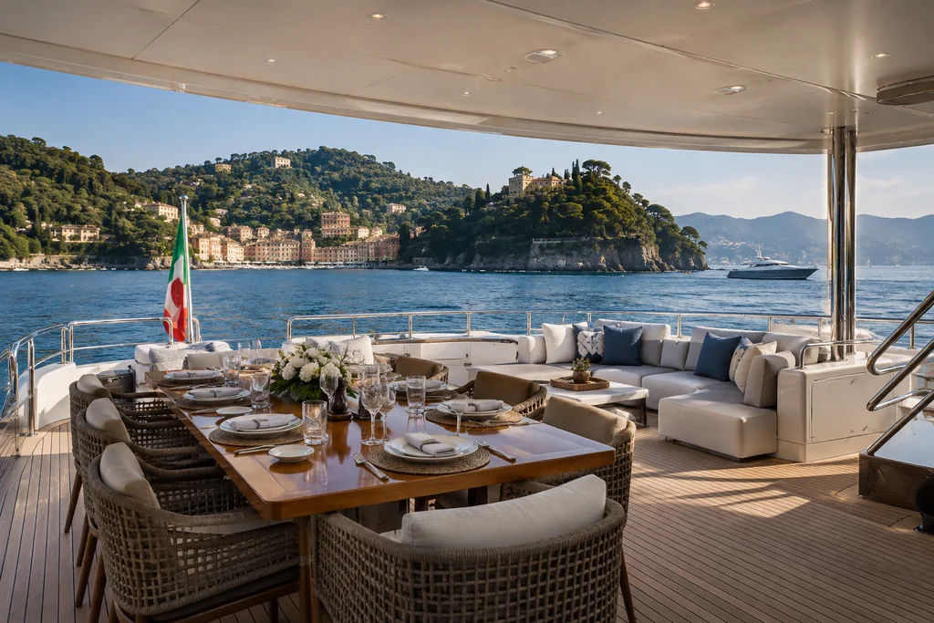 Salotto di coperta aperto sul mare per un soggiorno intorno a Portofino