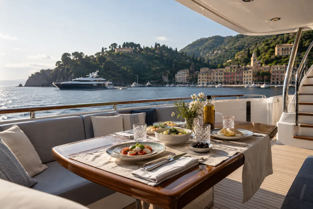 Tavola apparecchiata per un pranzo mediterraneo sul ponte di uno yacht