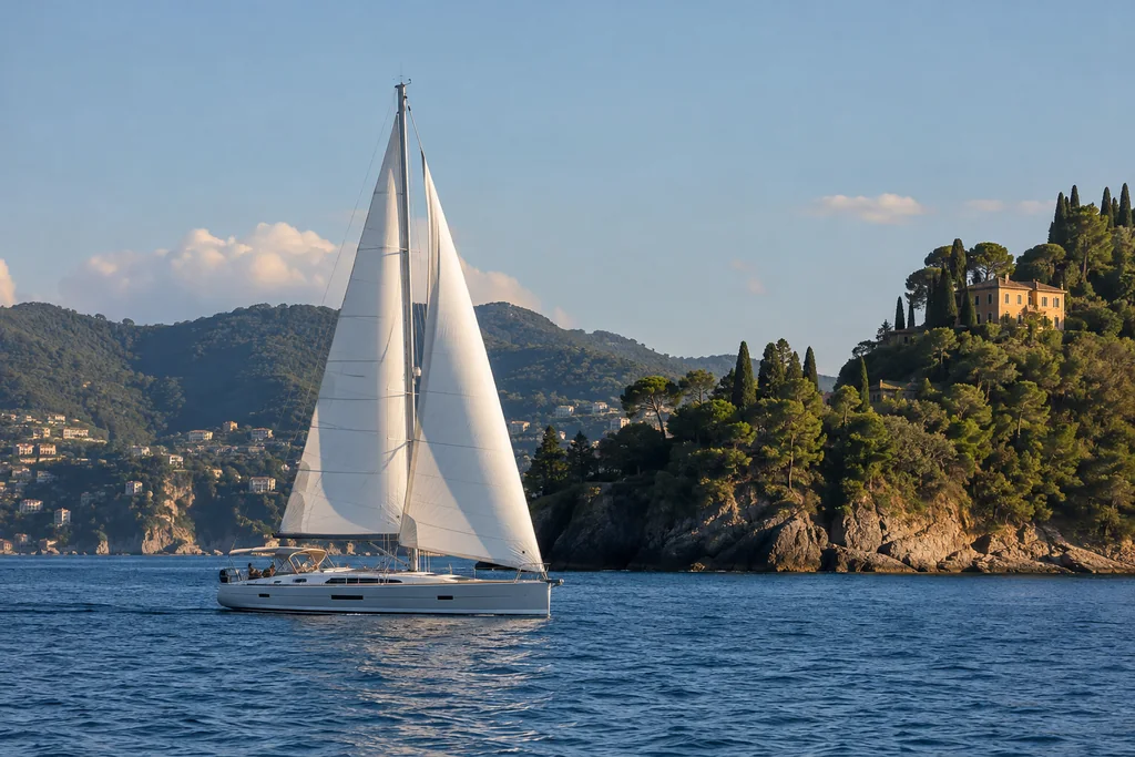 Yacht a vela lungo la costa di Portofino