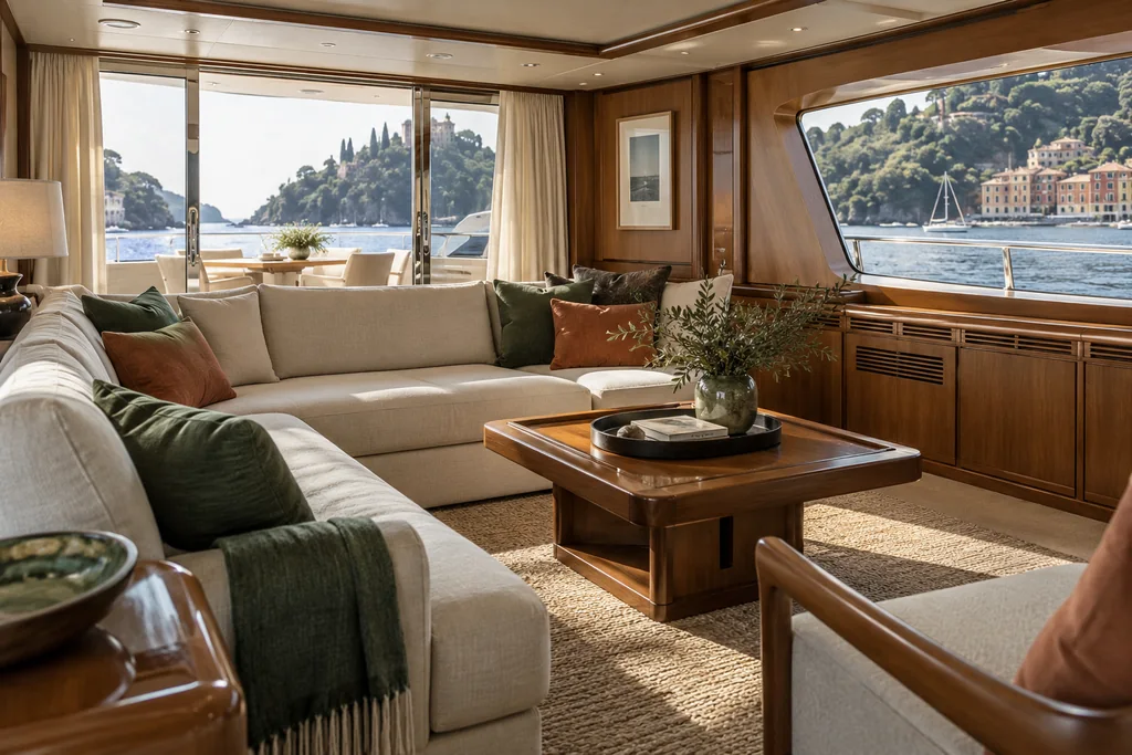 A refined unbranded private yacht saloon with a comfortable seating group near Portofino